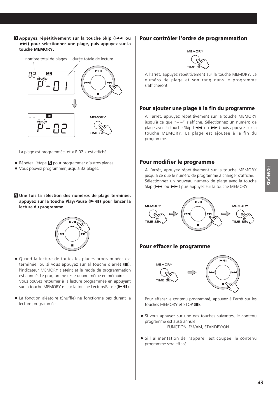 Pour contrôler l’ordre de programmation, Pour ajouter une plage à la fin du programme, Pour modifier le programme | Pour effacer le programme | Teac MC-DX32I User Manual | Page 43 / 76