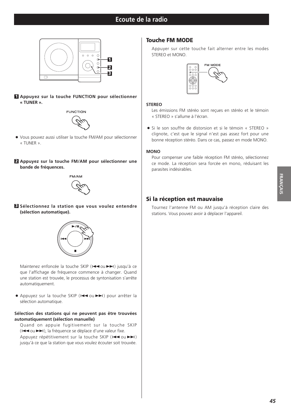 Ecoute de la radio, Touche fm mode, Si la réception est mauvaise | Teac MC-DX32I User Manual | Page 45 / 76