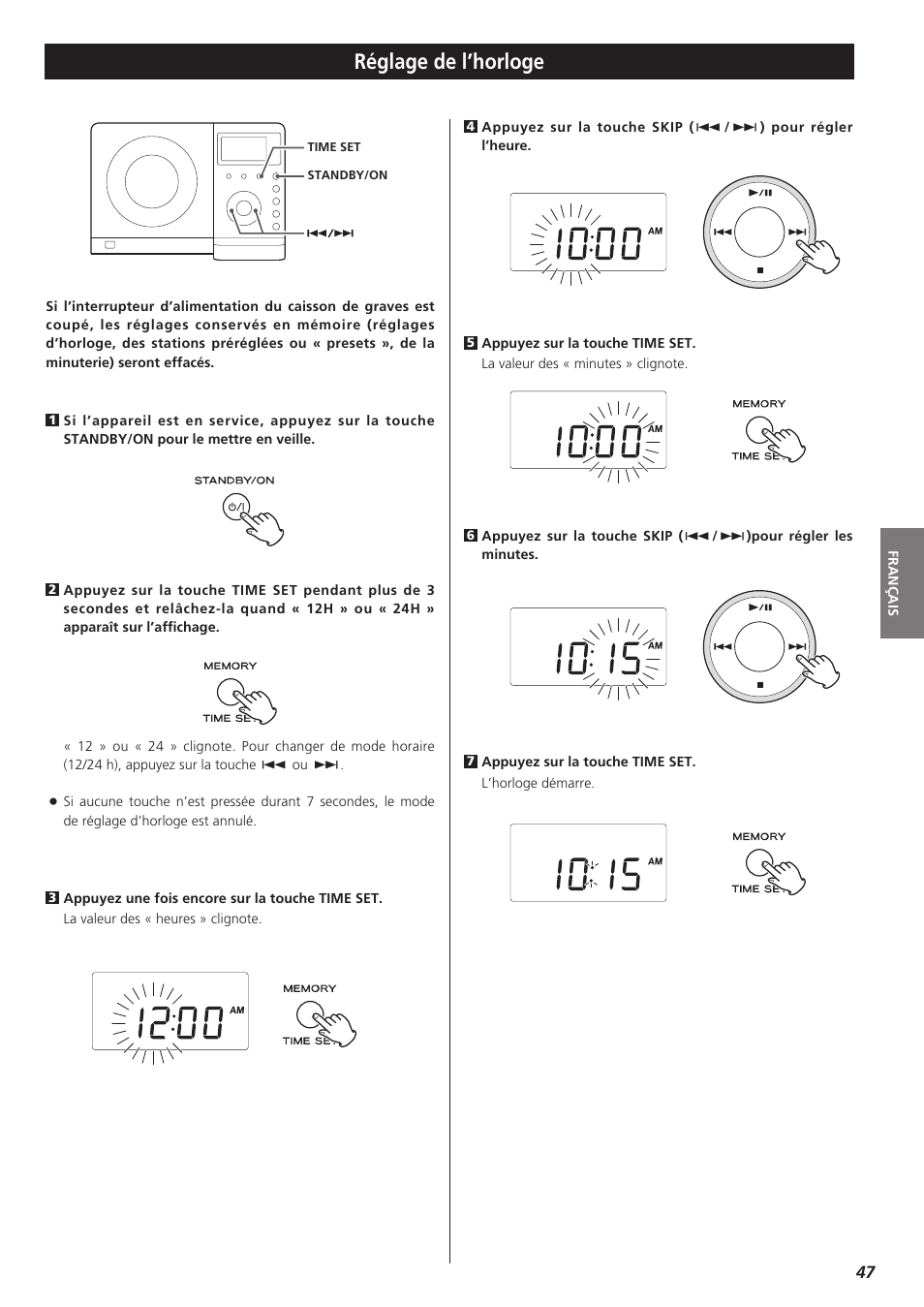 Réglage de l’horloge | Teac MC-DX32I User Manual | Page 47 / 76