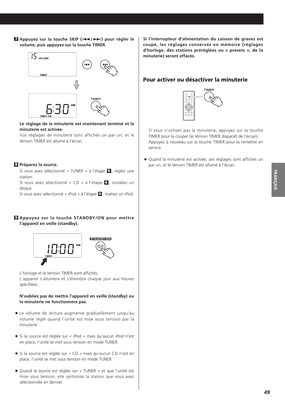 Pour activer ou désactiver la minuterie | Teac MC-DX32I User Manual | Page 49 / 76