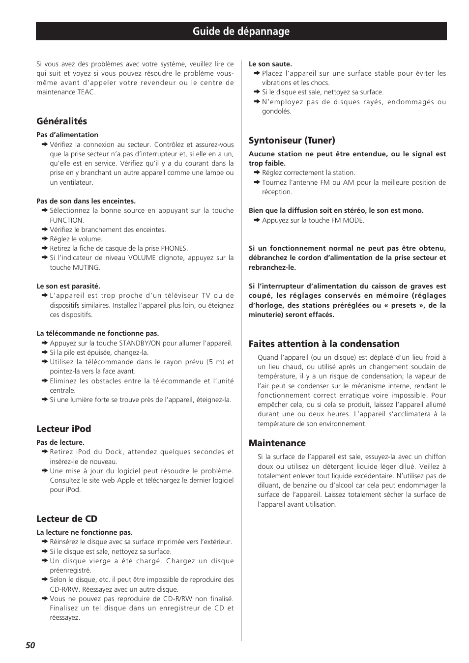 Guide de dépannage, Généralités, Lecteur ipod | Lecteur de cd, Syntoniseur (tuner), Faites attention à la condensation, Maintenance | Teac MC-DX32I User Manual | Page 50 / 76