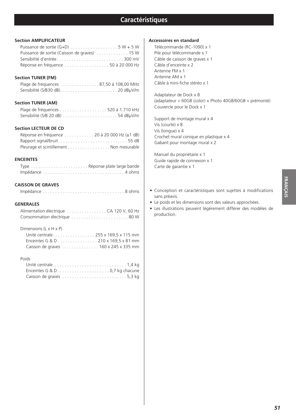 Caractéristiques | Teac MC-DX32I User Manual | Page 51 / 76