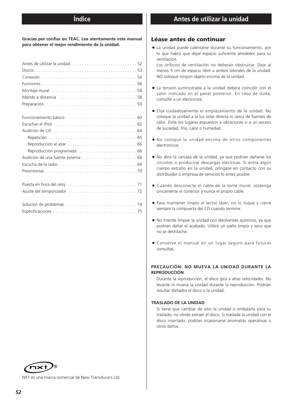 Español, Índice, Antes de utilizar la unidad | Léase antes de continuar | Teac MC-DX32I User Manual | Page 52 / 76