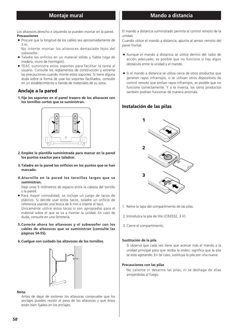 Montaje mural, Mando a distancia, Montaje mural mando a distancia | Instalación de las pilas 1 2 3, Anclaje a la pared | Teac MC-DX32I User Manual | Page 58 / 76