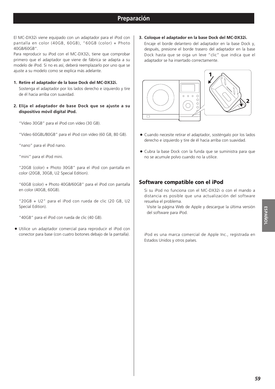 Preparación, Software compatible con el ipod | Teac MC-DX32I User Manual | Page 59 / 76