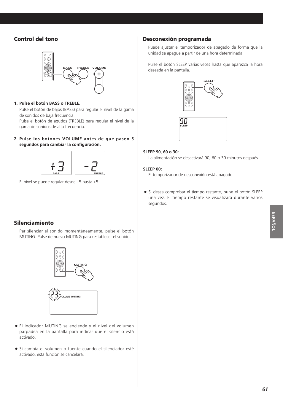 Silenciamiento, Control del tono, Desconexión programada | Teac MC-DX32I User Manual | Page 61 / 76