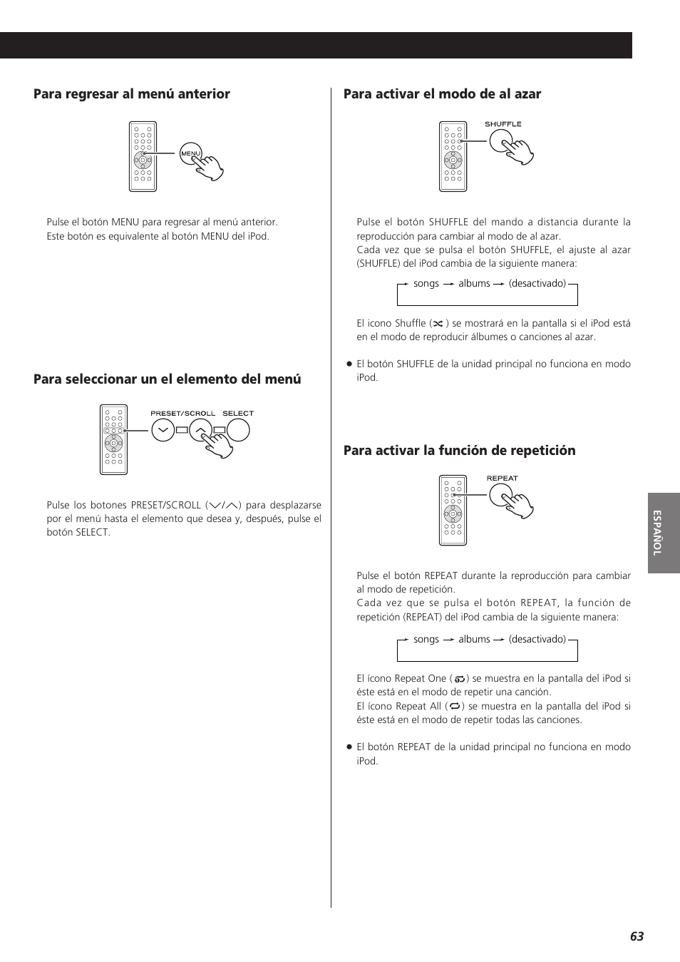 Para activar el modo de al azar, Para seleccionar un el elemento del menú, Para activar la función de repetición | Para regresar al menú anterior | Teac MC-DX32I User Manual | Page 63 / 76