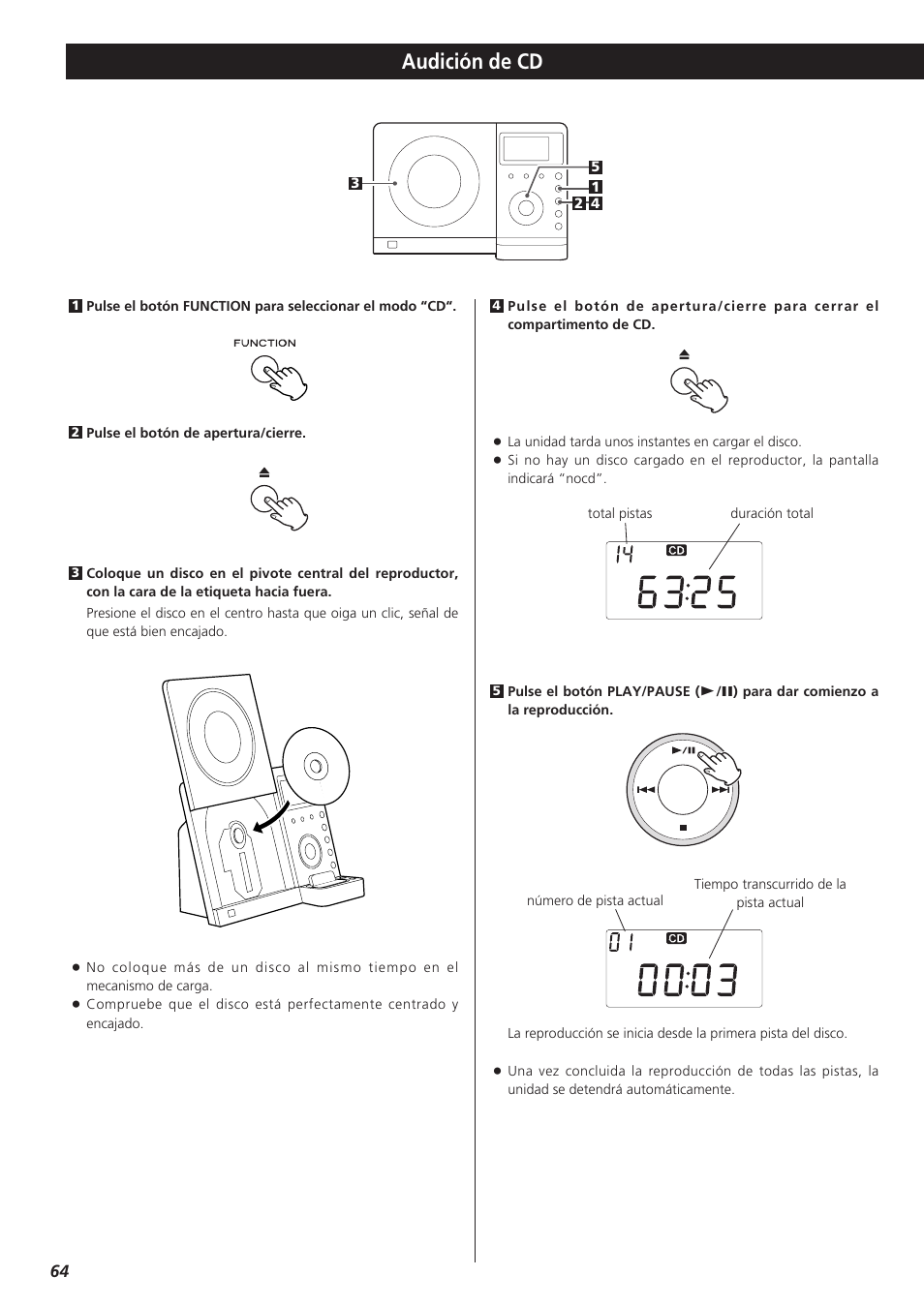 Audición de cd | Teac MC-DX32I User Manual | Page 64 / 76