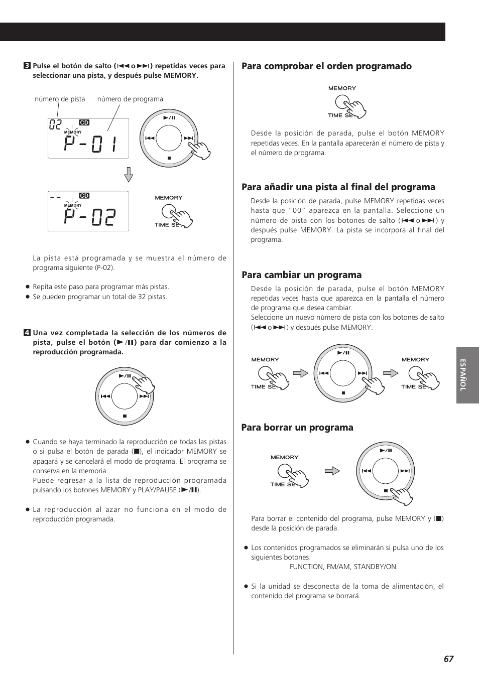 Para comprobar el orden programado, Para añadir una pista al final del programa, Para cambiar un programa | Para borrar un programa | Teac MC-DX32I User Manual | Page 67 / 76