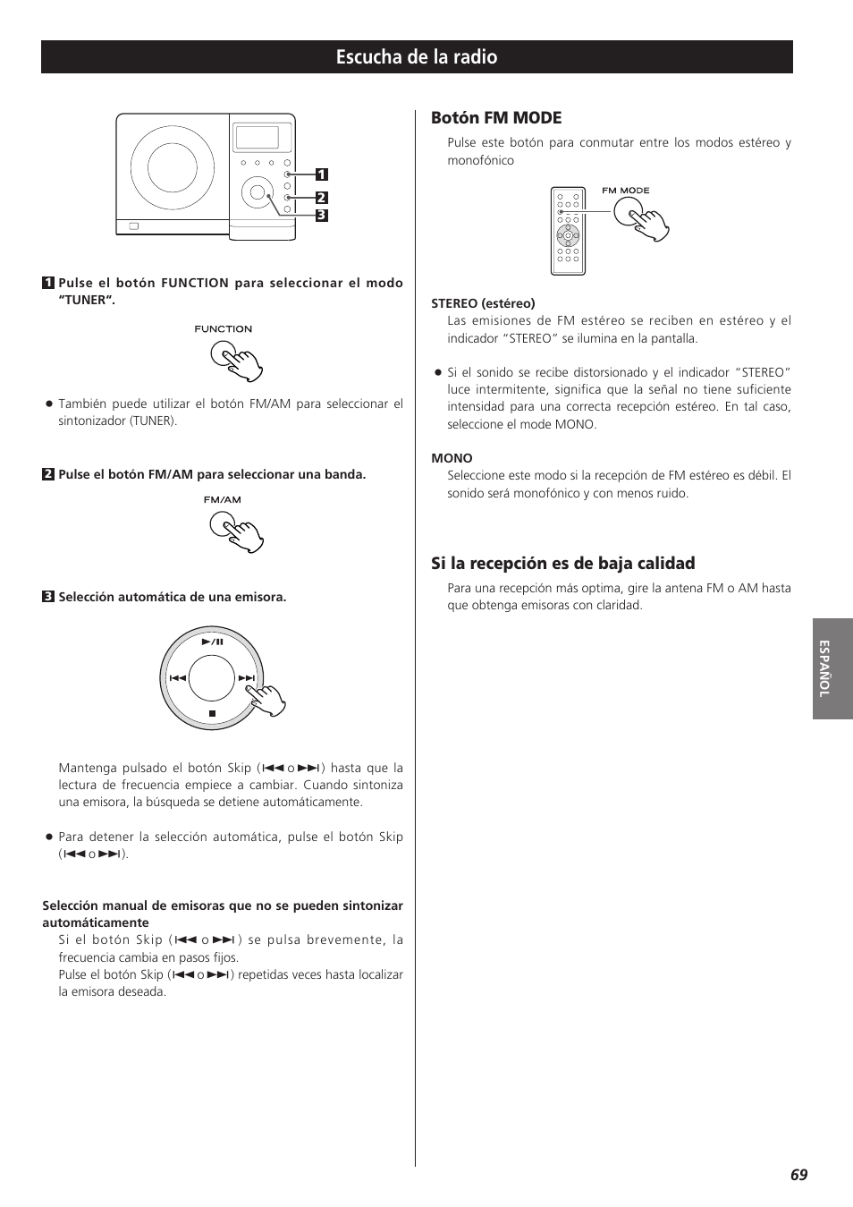 Escucha de la radio, Botón fm mode, Si la recepción es de baja calidad | Teac MC-DX32I User Manual | Page 69 / 76