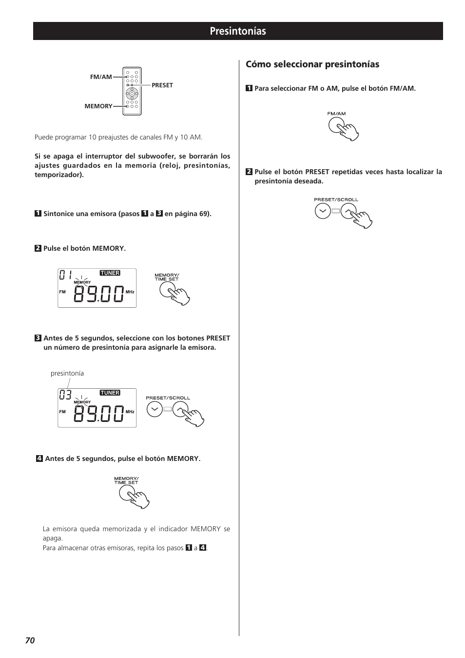 Presintonías, Cómo seleccionar presintonías | Teac MC-DX32I User Manual | Page 70 / 76