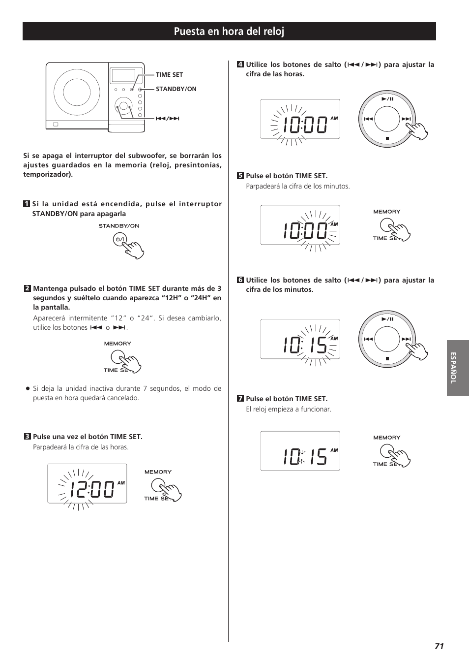 Puesta en hora del reloj | Teac MC-DX32I User Manual | Page 71 / 76