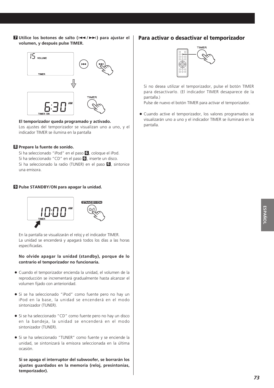 Para activar o desactivar el temporizador | Teac MC-DX32I User Manual | Page 73 / 76