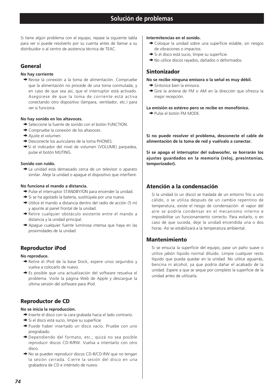 Solución de problemas, General, Reproductor ipod | Reproductor de cd, Sintonizador, Atención a la condensación, Mantenimiento | Teac MC-DX32I User Manual | Page 74 / 76