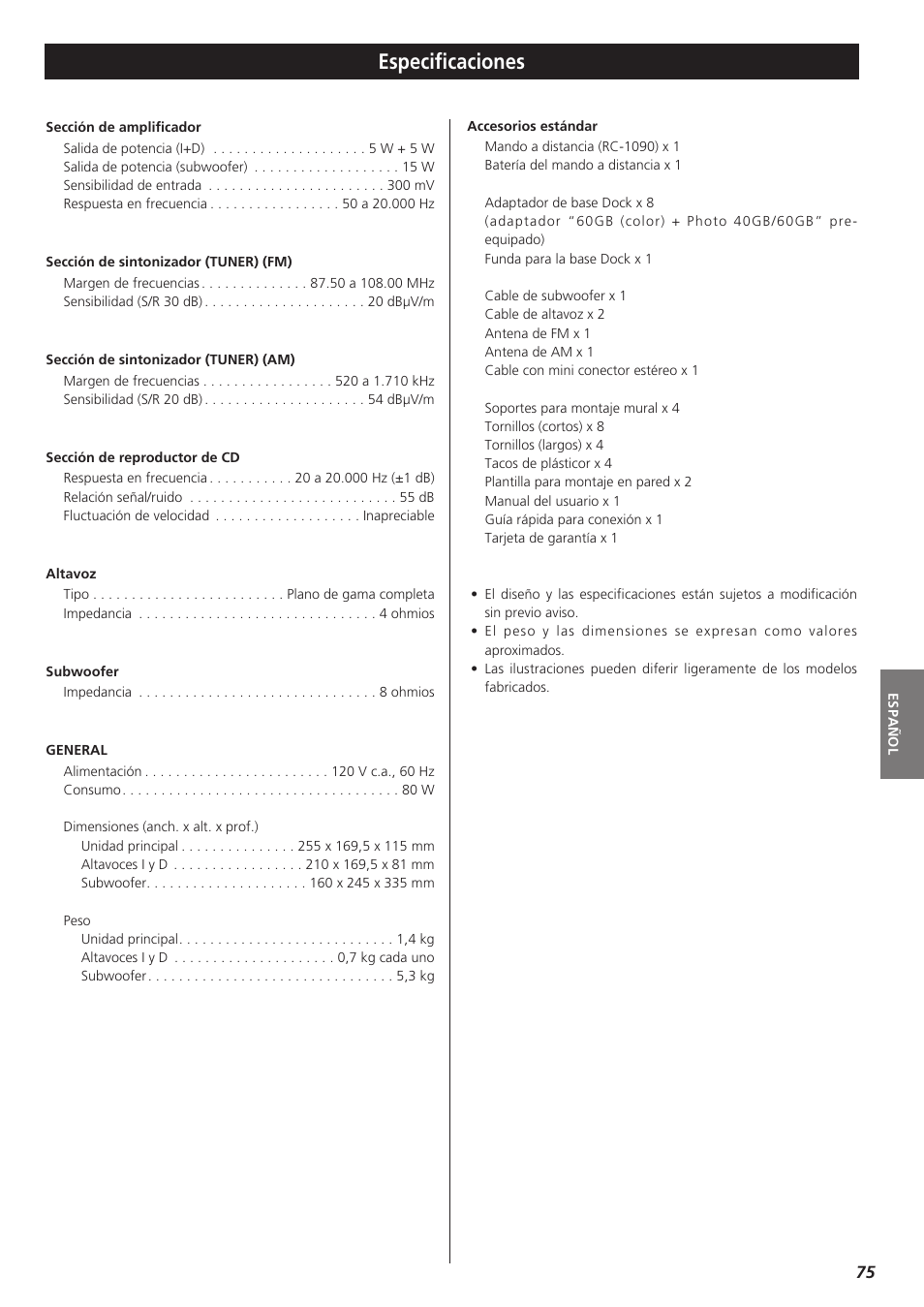 Especificaciones | Teac MC-DX32I User Manual | Page 75 / 76