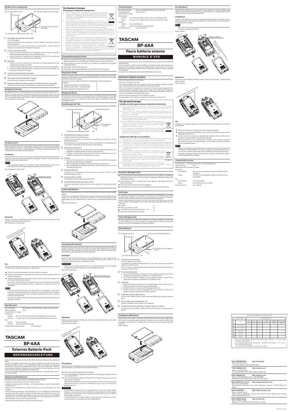 Bp-6aa, Externes batterie-pack, Pacco batteria esterno | Bedienungsanleitung, Manuale d ’uso | Teac BP-6AA User Manual | Page 2 / 2