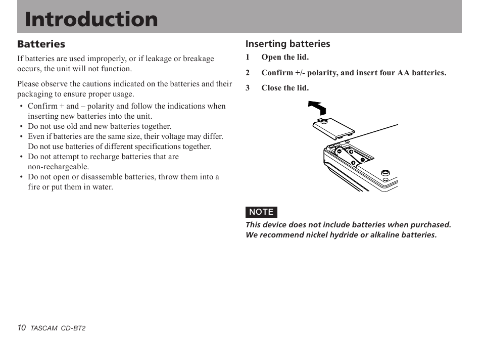 Batteries, Inserting batteries, Introduction | Teac CD-BT2 User Manual | Page 10 / 44