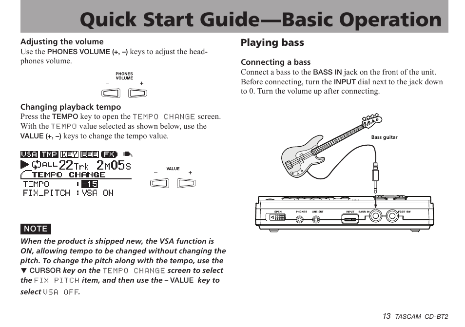 Playing bass, Important safety instructions, Quick start guide—basic operation | Teac CD-BT2 User Manual | Page 13 / 44