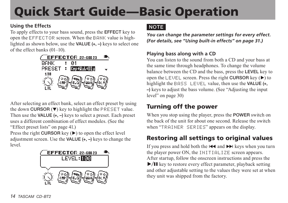 Turning off the power, Restoring all settings to original values | Teac CD-BT2 User Manual | Page 14 / 44