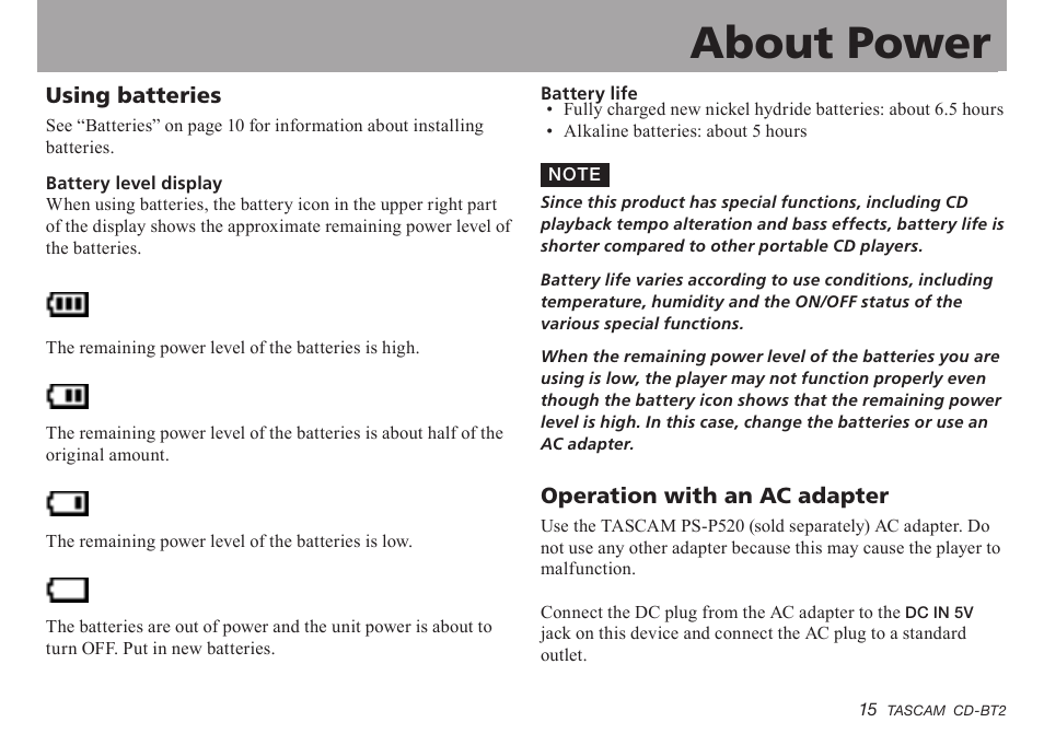 About power, Using batteries, Operation with an ac adapter | Important safety instructions | Teac CD-BT2 User Manual | Page 15 / 44