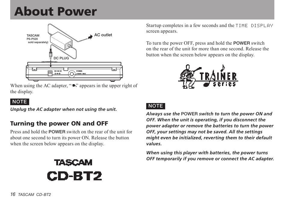 Turning the power on and off, Important safety precautions about power | Teac CD-BT2 User Manual | Page 16 / 44