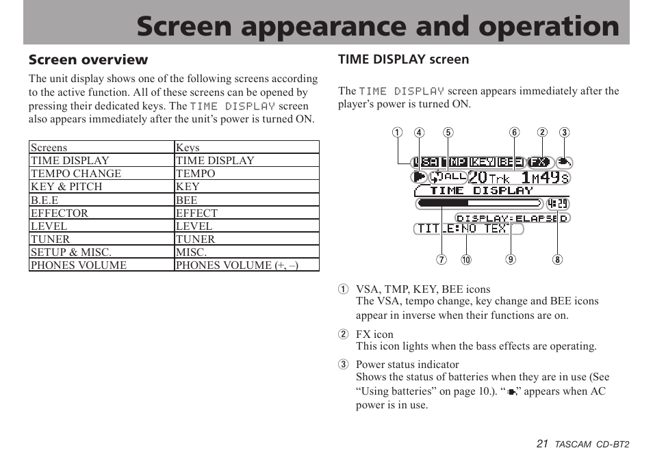 Screen appearance and operation, Screen overview, Time display screen | Important safety instructions | Teac CD-BT2 User Manual | Page 21 / 44