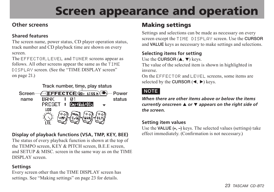 Making settings, Important safety instructions, Screen appearance and operation | Teac CD-BT2 User Manual | Page 23 / 44