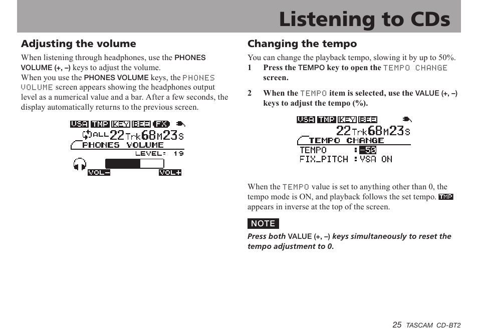 Adjusting the volume, Changing the tempo, Important safety instructions | Listening to cds | Teac CD-BT2 User Manual | Page 25 / 44