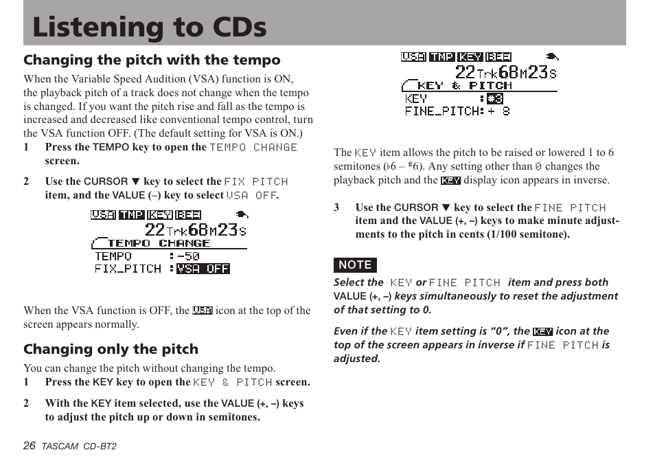 Changing the pitch with the tempo, Changing only the pitch, Important safety precautions listening to cds | Teac CD-BT2 User Manual | Page 26 / 44