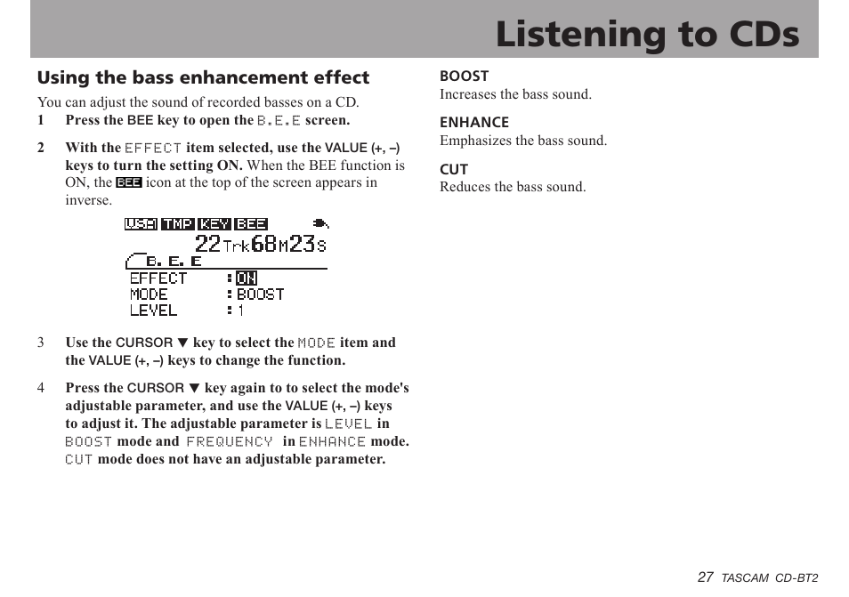 Using the bass enhancement effect, Important safety instructions, Listening to cds | Teac CD-BT2 User Manual | Page 27 / 44