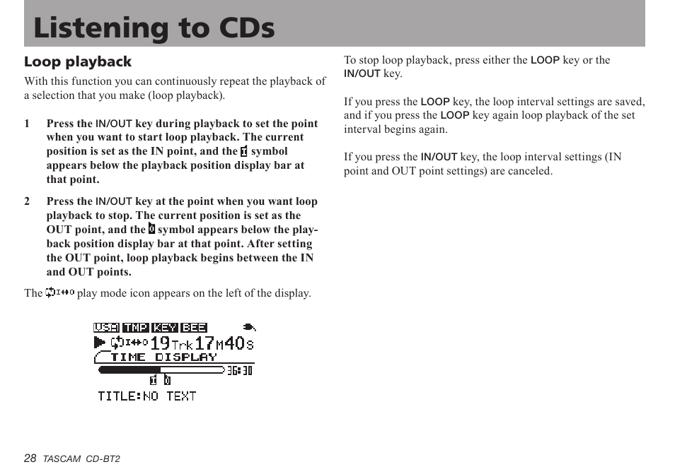 Loop playback, Important safety precautions listening to cds | Teac CD-BT2 User Manual | Page 28 / 44