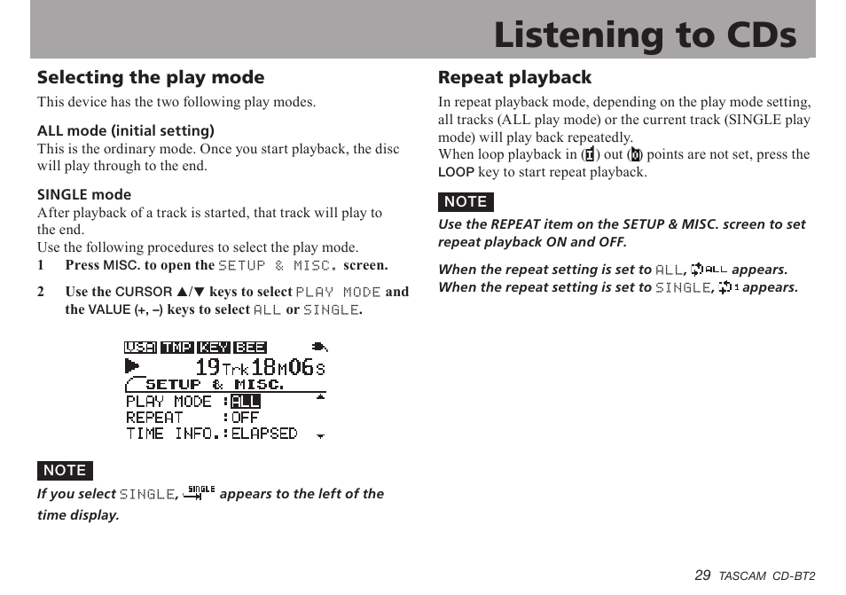 Selecting the play mode, Repeat playback, Important safety instructions | Listening to cds | Teac CD-BT2 User Manual | Page 29 / 44