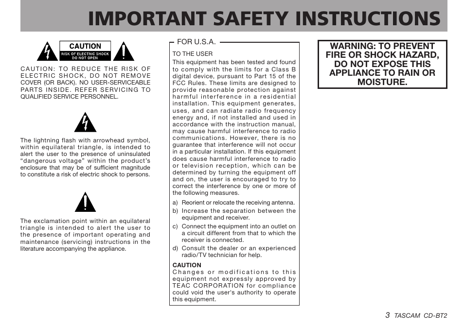 Important safety instructions | Teac CD-BT2 User Manual | Page 3 / 44