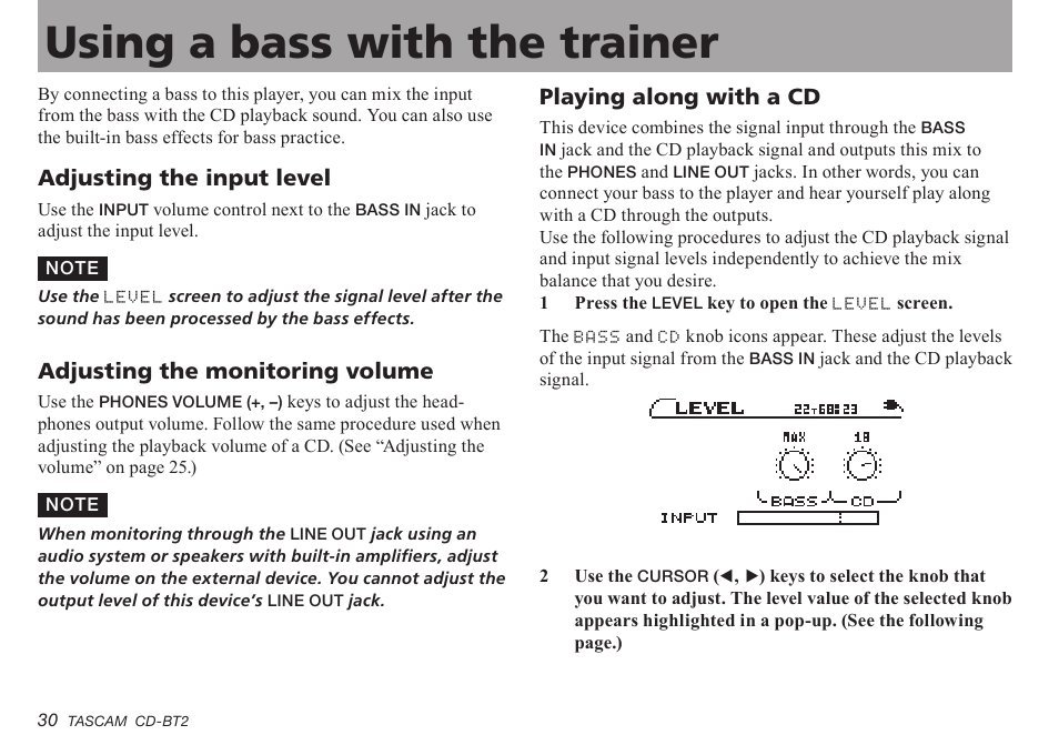 Using a bass with the trainer, Adjusting the input level, Adjusting the monitoring volume | Playing along with a cd | Teac CD-BT2 User Manual | Page 30 / 44