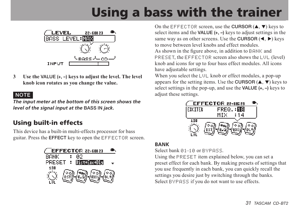 Using built-in effects, Important safety instructions, Using a bass with the trainer | Teac CD-BT2 User Manual | Page 31 / 44