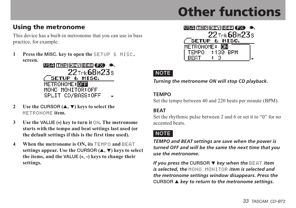 Other functions, Using the metronome, Important safety instructions | Teac CD-BT2 User Manual | Page 33 / 44