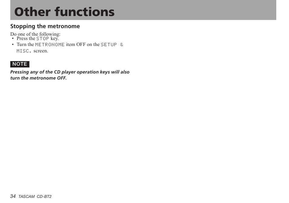 Stopping the metronome, Important safety precautions other functions | Teac CD-BT2 User Manual | Page 34 / 44