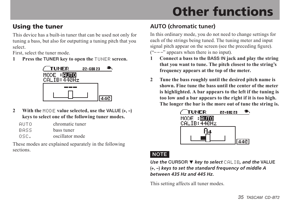 Using the tuner, Auto (chromatic tuner), Important safety instructions | Other functions | Teac CD-BT2 User Manual | Page 35 / 44