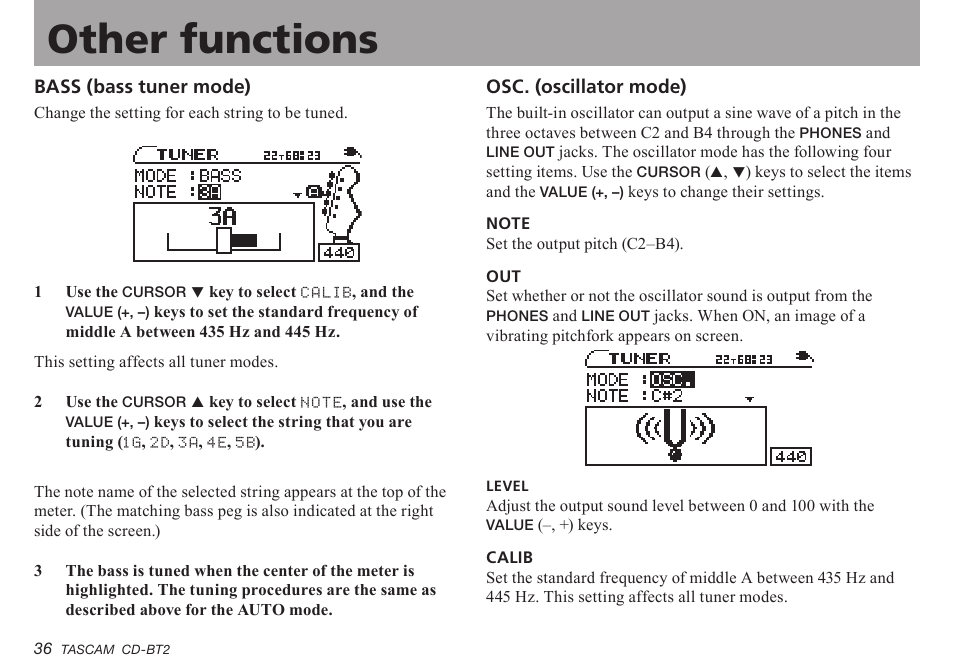 Bass (bass tuner mode), Osc. (oscillator mode), Important safety precautions other functions | Teac CD-BT2 User Manual | Page 36 / 44