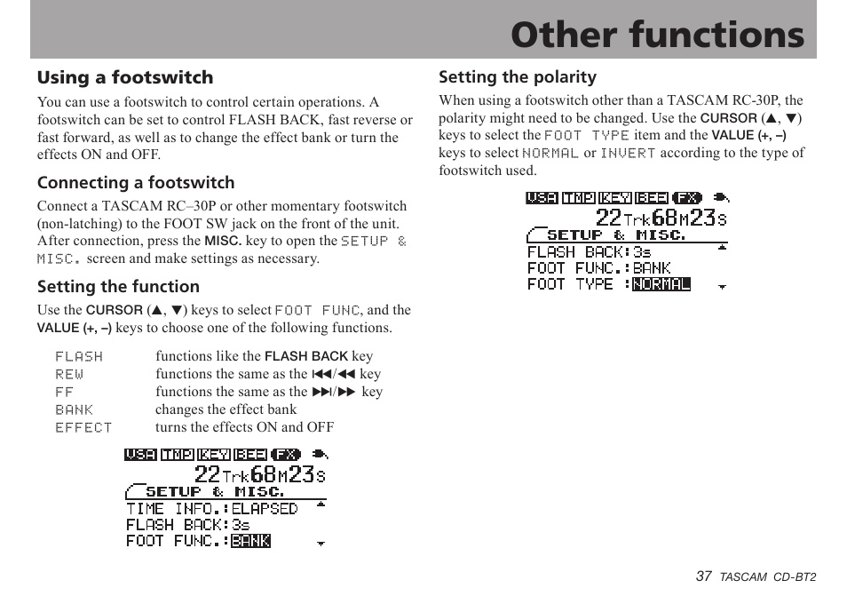 Using a footswitch, Connecting a footswitch, Setting the function | Setting the polarity, Important safety instructions, Other functions | Teac CD-BT2 User Manual | Page 37 / 44