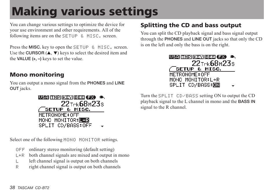 Making various settings, Mono monitoring, Splitting the cd and bass output | Teac CD-BT2 User Manual | Page 38 / 44