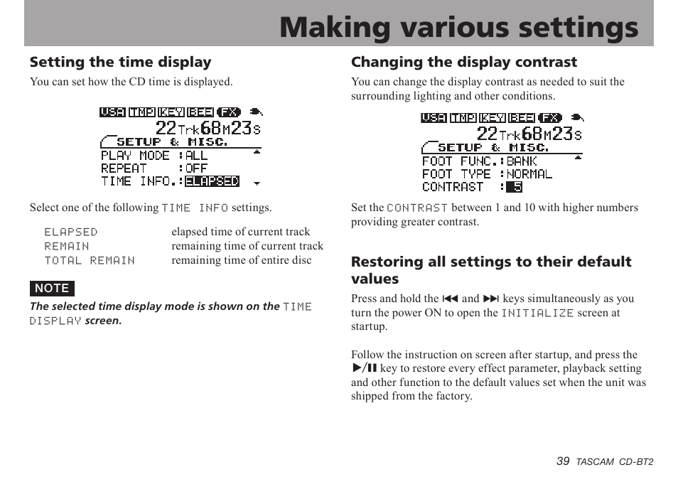 Setting the time display, Changing the display contrast, Restoring all settings to their default values | Important safety instructions, Making various settings | Teac CD-BT2 User Manual | Page 39 / 44