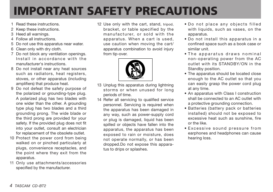 Important safety precautions | Teac CD-BT2 User Manual | Page 4 / 44