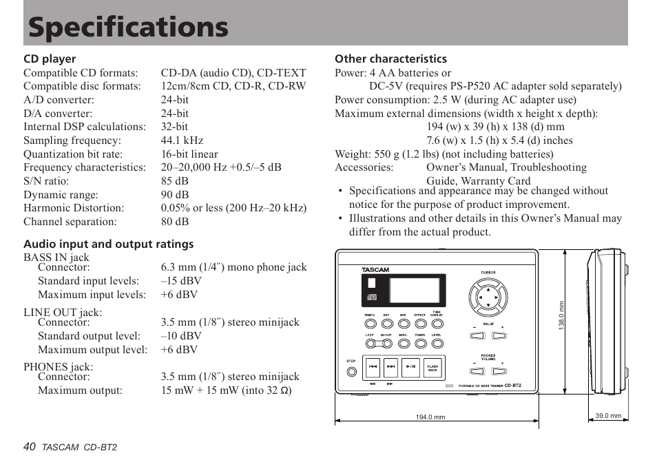 Specifications, Important safety precautions specifications | Teac CD-BT2 User Manual | Page 40 / 44