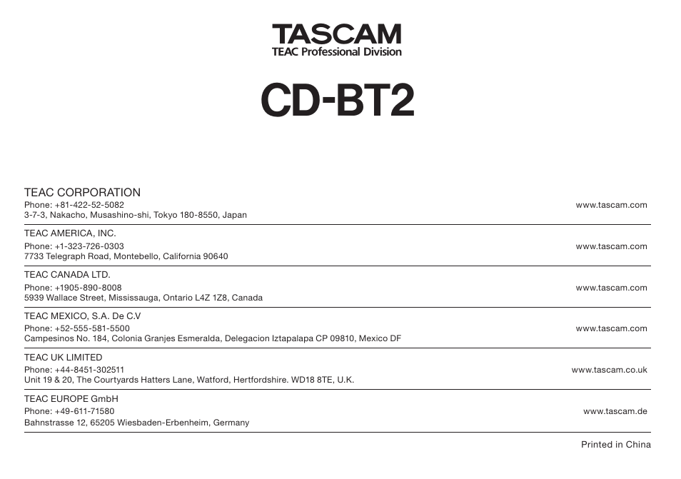 Cd-bt2 | Teac CD-BT2 User Manual | Page 44 / 44