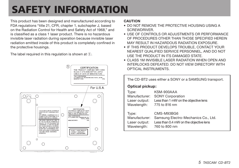 Important safety instructions, Safety information | Teac CD-BT2 User Manual | Page 5 / 44