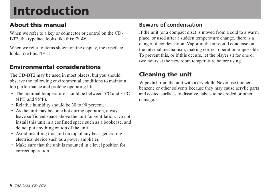 About this manual, Environmental considerations, Beware of condensation | Cleaning the unit, Introduction | Teac CD-BT2 User Manual | Page 8 / 44