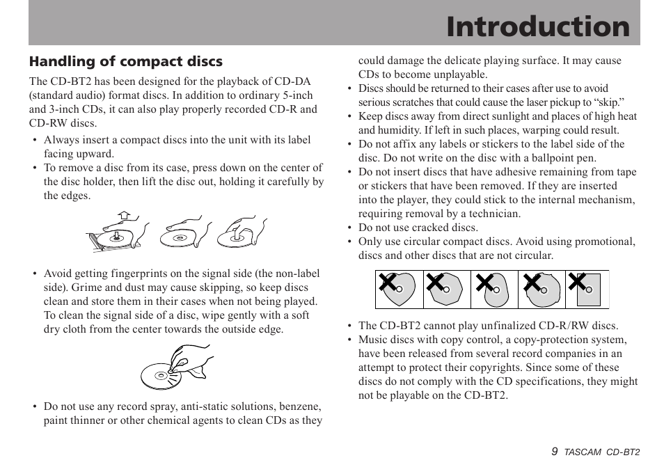 Handling of compact discs, Important safety instructions, Introduction | Teac CD-BT2 User Manual | Page 9 / 44