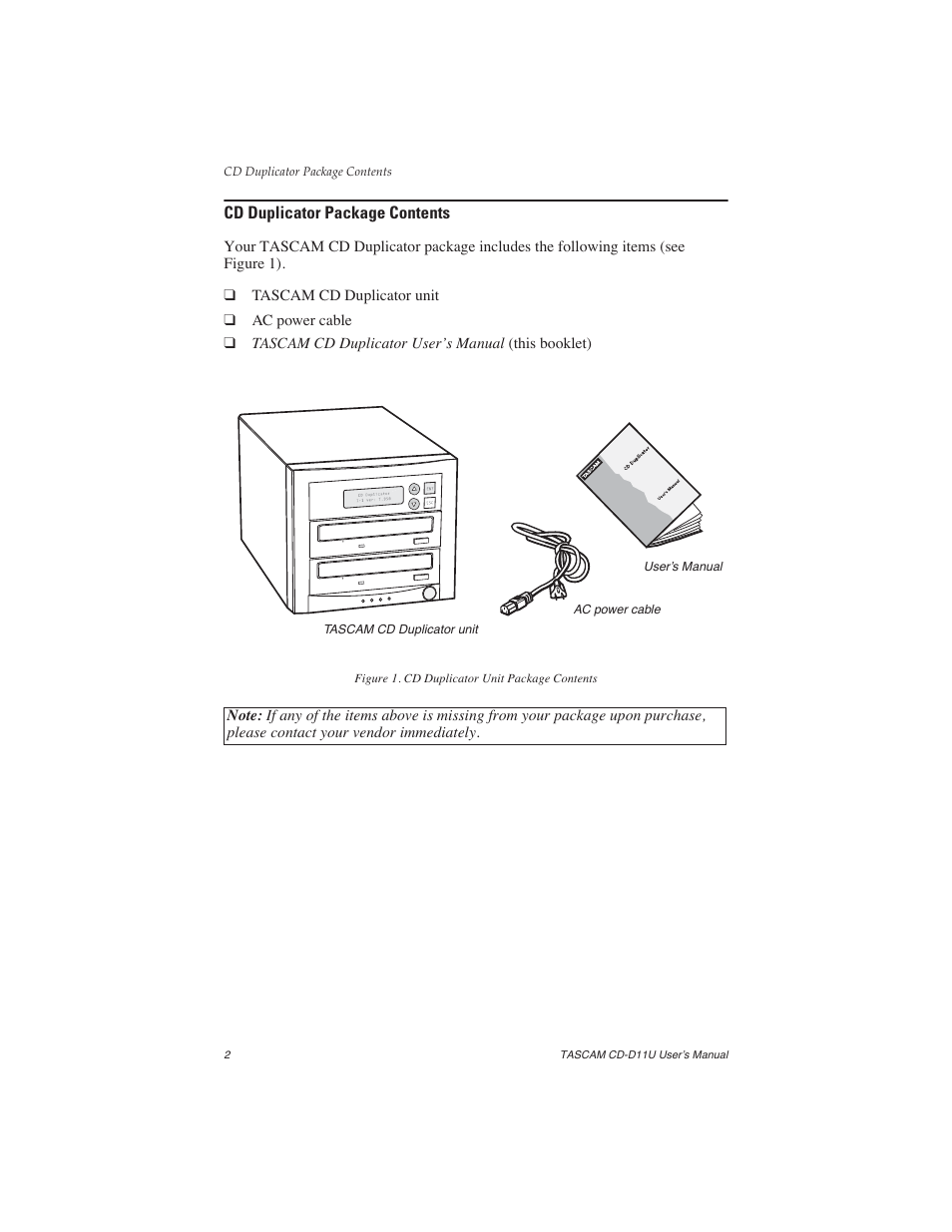 Cd duplicator package contents, Figure 1. cd duplicator unit package contents | Teac CD-D11U User Manual | Page 10 / 32