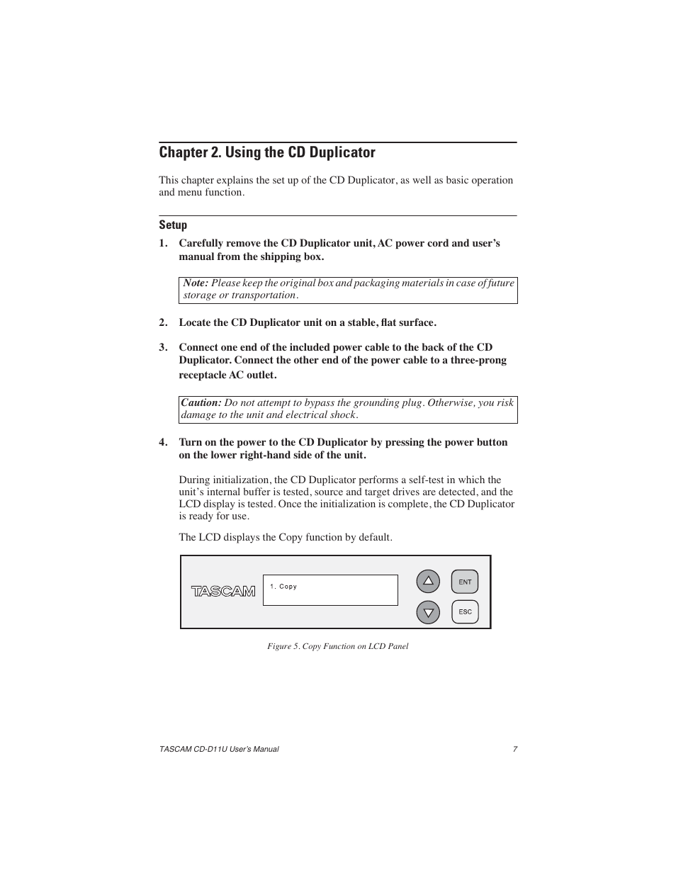 Chapter 2. using the cd duplicator, Setup, Figure 5. copy function on lcd panel | Teac CD-D11U User Manual | Page 15 / 32